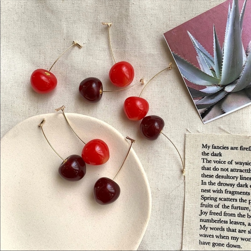 🔴 3/30$ Dangle Fruit Deep Red Cherry Earrings